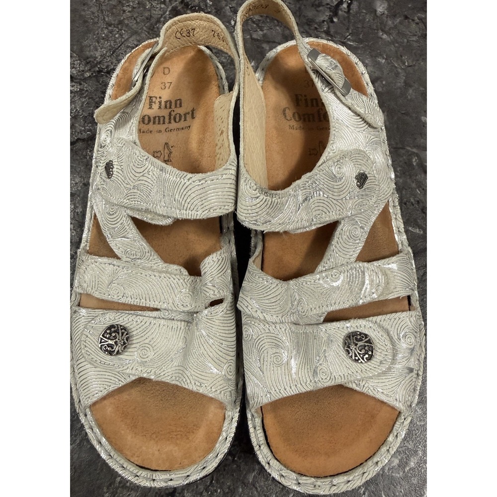 Finn Comfort Sandal Leather Comfort Casual Adjustable Silver Metallic‎ 37/6.5